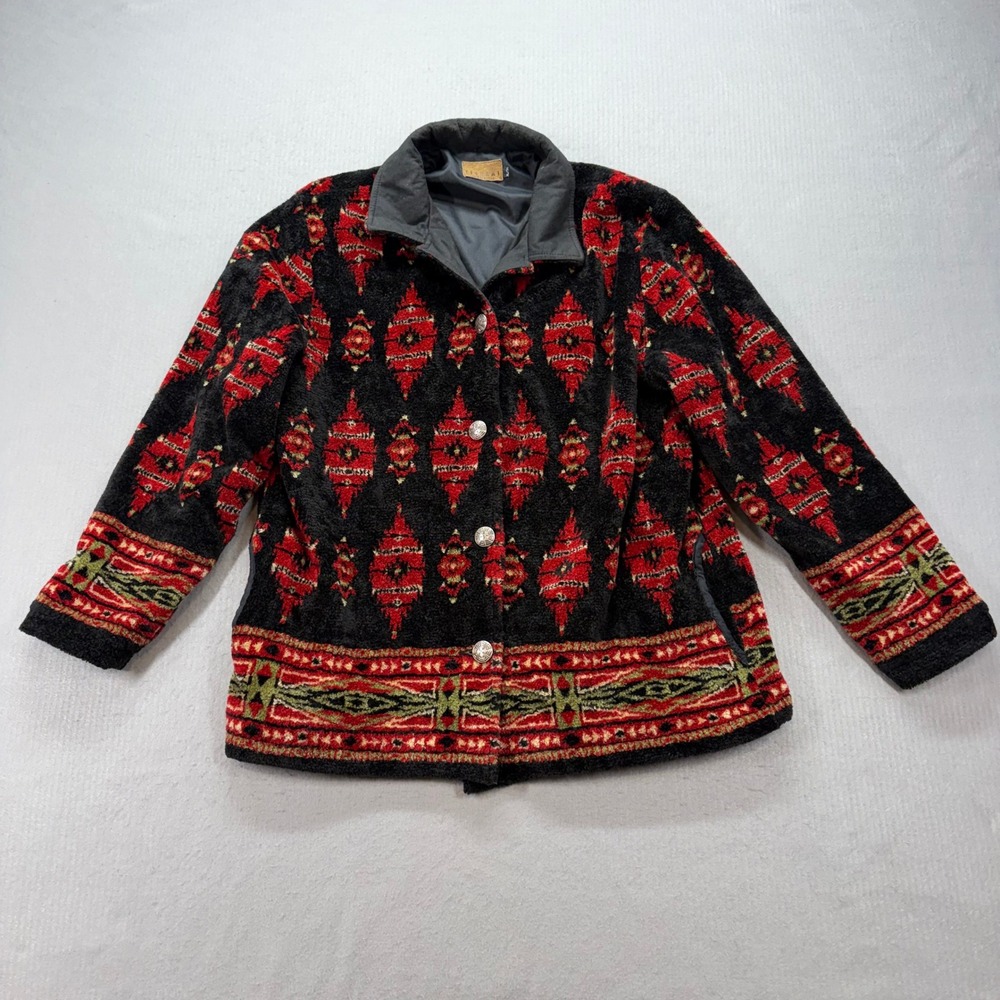 Tsunami Fleece Jacket Womens XL Black Red Southwestern Geometric Button Front